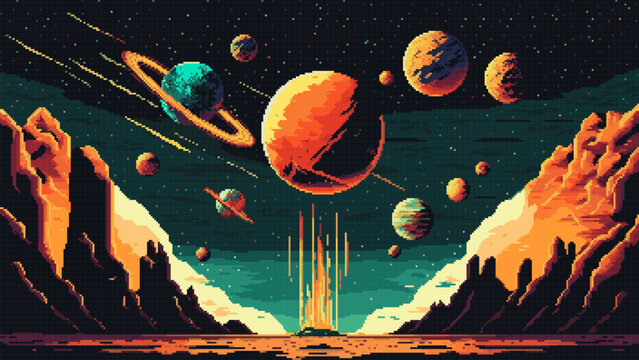 Generative AI, space planets and galaxy universe landscape, vector AI generated 8bit pixel game scene. Space landscape background of planet surface with rocks and Saturn planet in starry sky of 8 bit