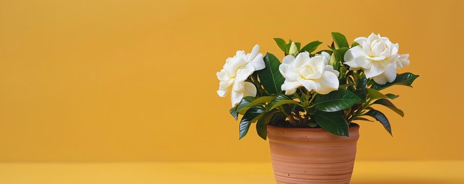 A potted gardenia isolated on a mustard yellow background with space for text