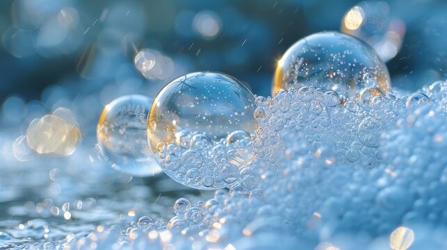 An artistic shot of air bubbles trapped in ice, with each bubble containing complex patterns and reflections. This image portrays the macrocosm in microcosm, with the bubbles acting as tiny worlds