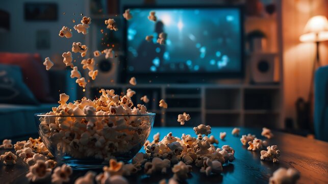Popcorn flying out of a bowl in front of a TV screen during movie night in a cozy living room with ambient lighting.
