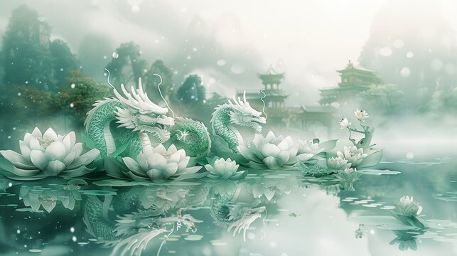 double exposure art, hand-drawn watercolor illustration of dragon boat festival decorations and dragon boat miniatures with green and white tones in a festive double exposure
