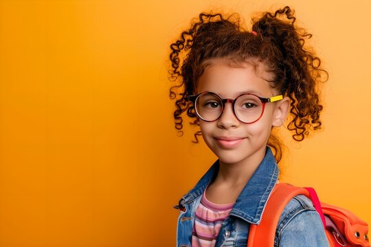 African american schoolgirl with backpack against orange background. Back to school concept. Education and studying concept. Studio portrait. Design for banner, advertisement with copy space