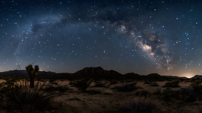 A starry night sky with a road in the middle of a desert