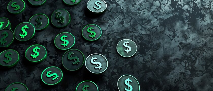 Charcoal and green currency symbols horizontal mobile web banner fintech backdrop background for copy space.banner grunge backdrop