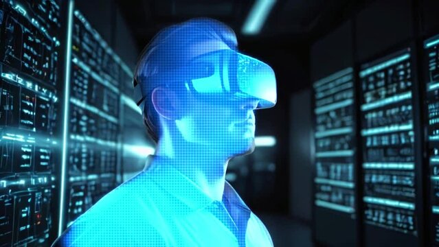 Virtual reality glasses on a young model. Augmented reality and future technology, human concept. Futuristic VR glasses with virtual projections, illuminated by fluorescent lights.