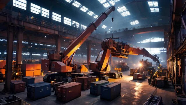 A Large Crane Operating in a Warehouse