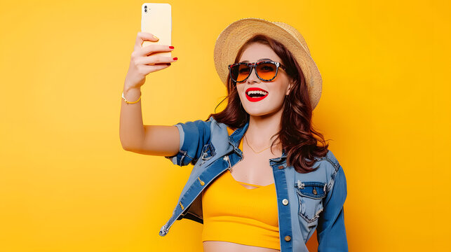 Portrait of cool cheerful girl having video-call with lover holding smart phone in hand shooting selfie on front camera isolated on yellow background enjoying weekend vacation