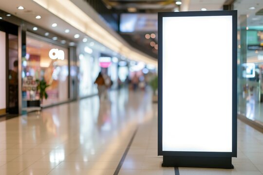 Mock up. Blank vertical poster billboard, advertising stand, lightbox inside shopping mall