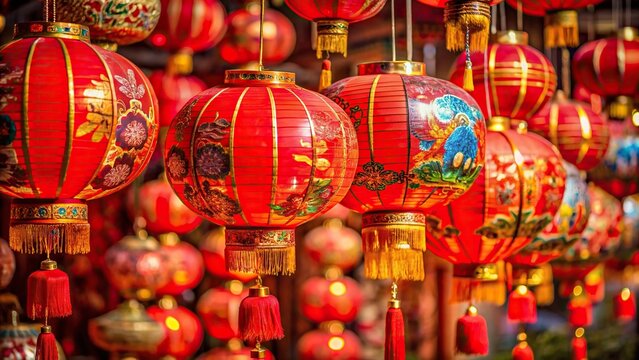 Vibrant red Chinese lanterns adorned with traditional symbols, perfect for festive decorations and cultural celebrations