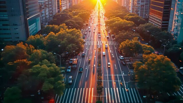 Beautiful aerial view of the street at sunset