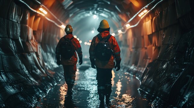 Workers in dark underground tunnel with atmospheric lighting creating dramatic scene