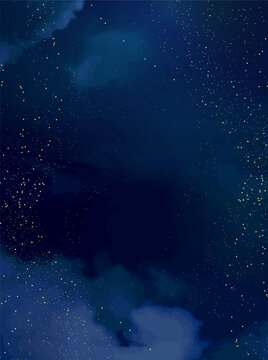 带有闪闪发光的散景和光艺的深蓝色魔法之夜相框。方形矢量婚礼贺卡。金色纸屑和海军蓝背景。金色散落的天体尘埃。童话魔法星模板