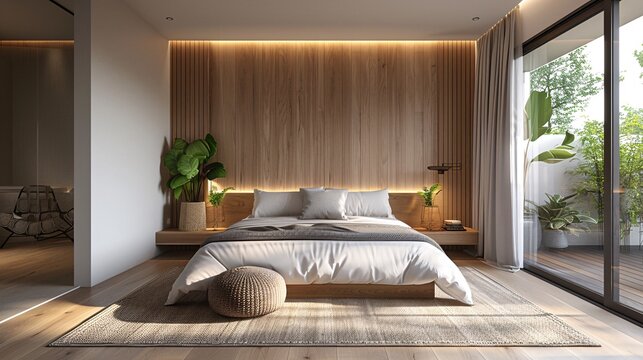 A Scandinavian-inspired bedroom showcasing a minimalist aesthetic with soft lighting and natural textures.