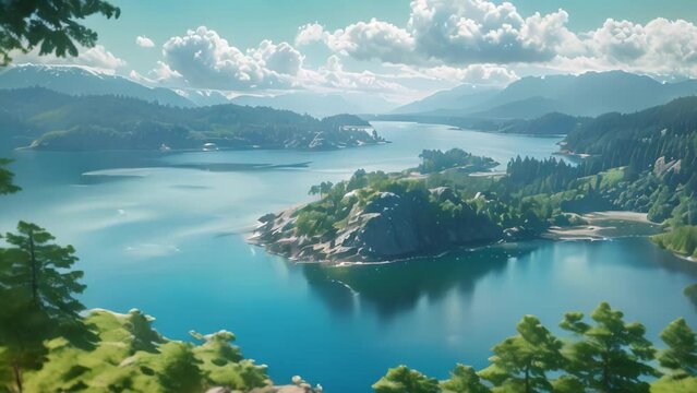 View over inlet ocean and island with mountains. 4k video animation