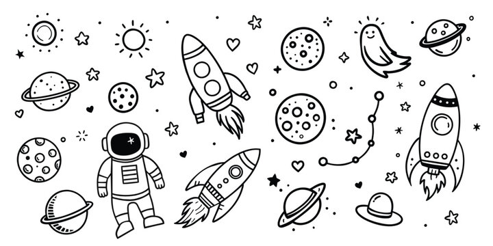 Hand drawn space. Doodle space planets, astrology cosmic doodles. Cosmos hand-drawn doodle set. Vector illustration