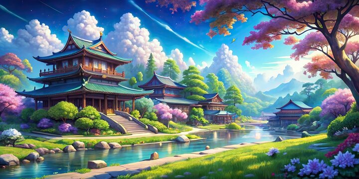 Beautiful fantasy summer natural scenery background animation with Japanese anime watercolor painting style, fantasy, summer, natural, scenery, background, animation, Japanese