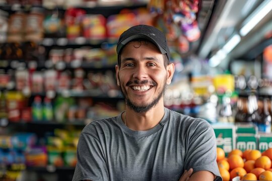 friendly convenience store attendant smiling and posing for camera excellent customer service and small business concept retail worker portrait