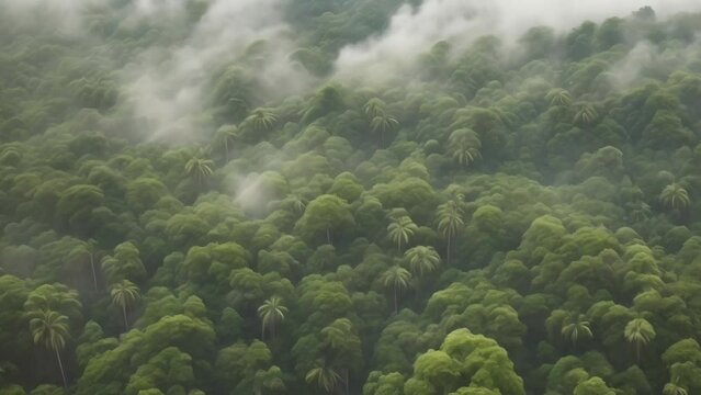 Aerial view of dense rainforest jungle covered with misty fog