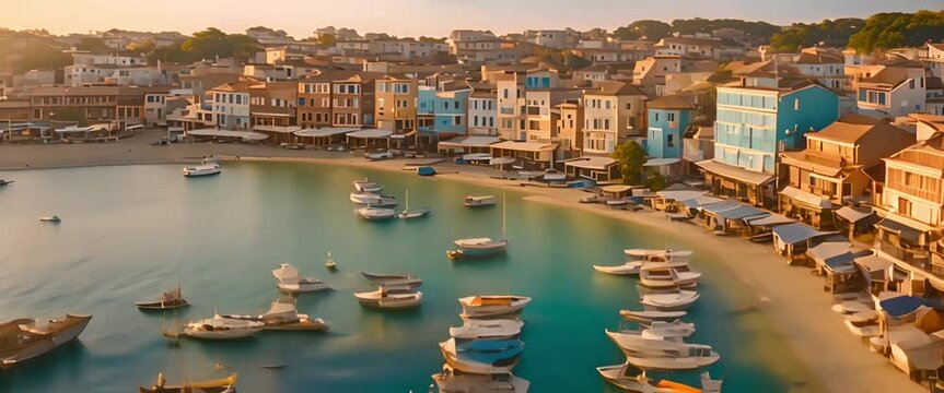 Colorful Buildings and Boats in a Greek Coastal Town at Sunset