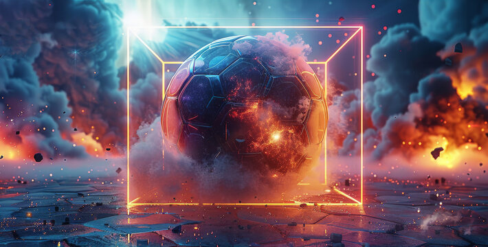 A circular soccer space with a soccer ball and a nebula floating in the center of an iridescent cube. The scene is set against a dark background illuminated by neon lights. Generative AI.