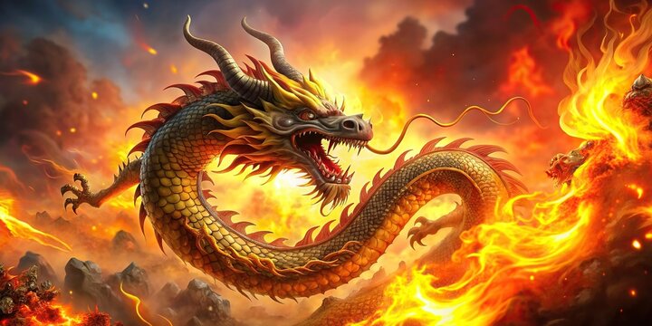 Mad Chinese dragon causing chaos and devastation in a fiery background