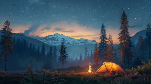 Starry Night Campsite: A serene camping scene under a starry sky, featuring a tent illuminated by a bonfire, with tall trees and grassland