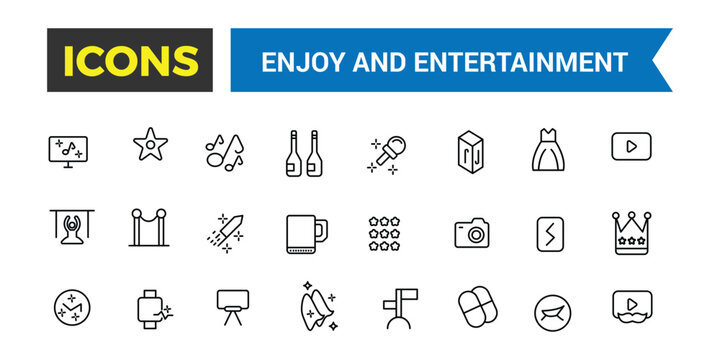 Enjoy and Entertainment icon collection. Vector thin line icons collection. Editable vector icon and illustration.