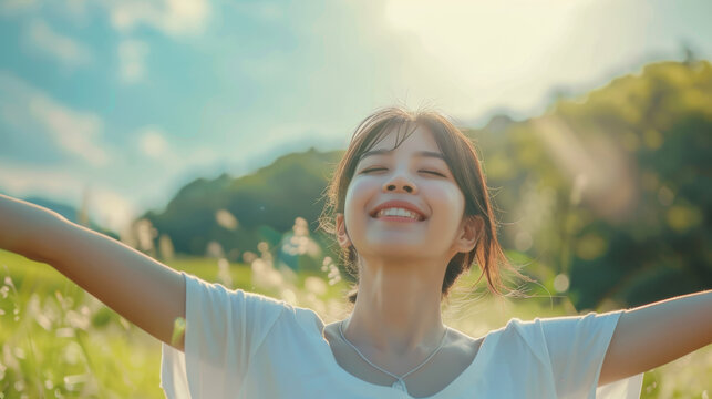 Portrait of a free happy asian woman with open arms enjoying life in meadows and nature background , young joyful chinese female with good mental health