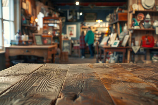 A wooden counter in the foreground with a blurred background of an antique shop. The background features vintage furniture, old books, and unique collectibles