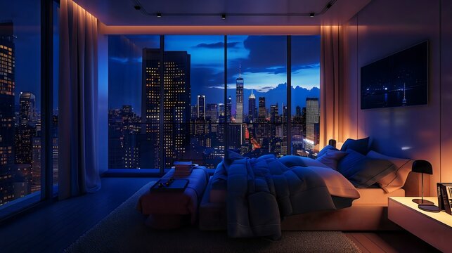 Luxurious modern penthouse bedroom retreat with stunning night cityscape view