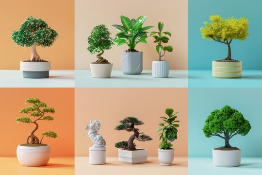 Colorful arrangement of various bonsai trees in stylish pots against vibrant backgrounds, showcasing different shapes and types.