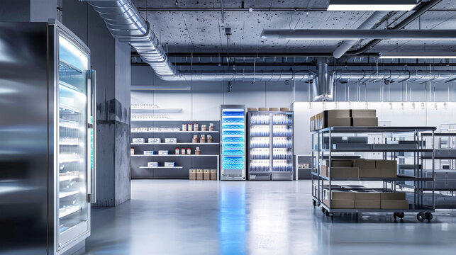 An industrial cold storage facility with multiple large refrigerated units and shelving units, presumably for food storage. The facility has a clean and organized interior with bright, modern lighting