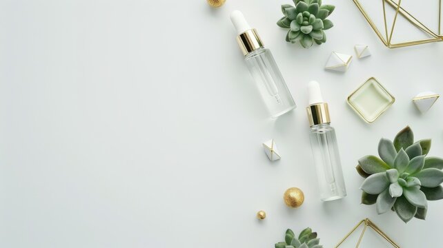 A minimalist and modern flat lay of clear essential oil bottles aligned with tiny succulents and geometric gold decor