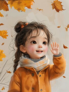 little girl waving hand air autumn season young smiling eyes cute animal man watermark orange hue boy dressed long fluent clothes society