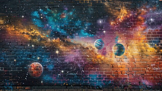 Brick wall with images of cosmic space painted in graffiti style.