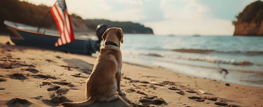 yellow Labrador dog sitting on the beach with an American flag boat in the background, beach scene, shot from behind