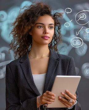 Young businesswoman in suit using digital tablet for innovative crowdfunding, concept illustrations in background, daytime, focused and determined mood, digital entrepreneurship and fintech theme