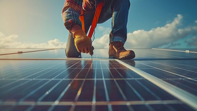 Worker checking damaged solar panels. Field worker concept.