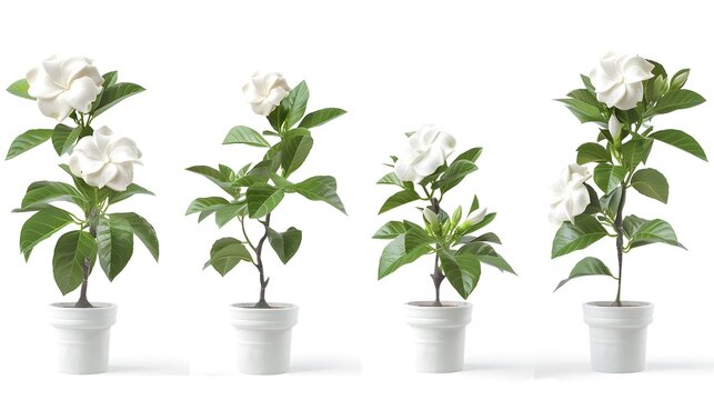 set of gardenia plants, with white blooms, isolated on white background