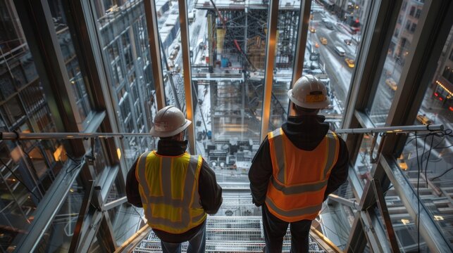 Ascending in the elevators construction workers admire the breathtaking city views as they approach the top of the skyser core.