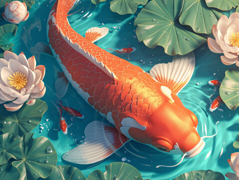 3D illustration of koi and lotus leaves in the pond during the Beginning of Summer solar term, illustration of scenes during the Great Summer solar term