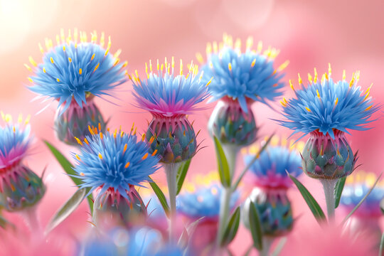 A group of blue flowers with yellow and pink petals. The flowers are arranged in a field and the colors are vibrant
