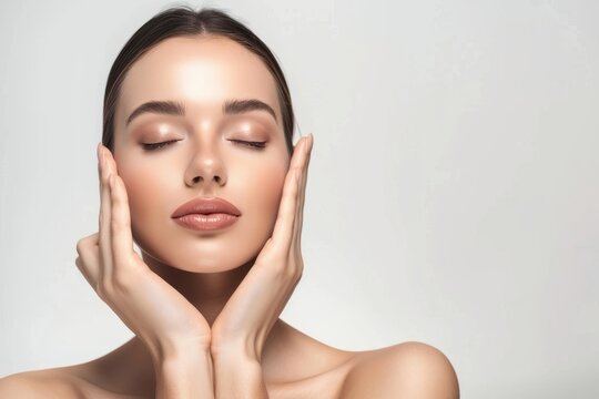 Beautiful woman touching her face with beautiful skin, young girl model touching neck, spa or cosmetics advertisement, beauty concept, cosmetic concept, skin medical beauty concept