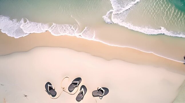 Aerial View of Sandals Left on Pristine White Beach Sand