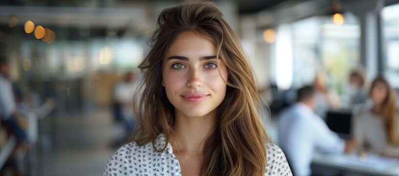 Editorial eye level waist-up shot of an attractive woman with a slight smile in an office, blurred background