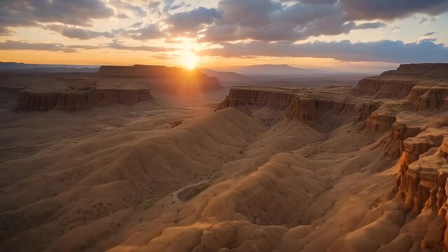 Aerial view of eroded desert land with formation cliff during sunset