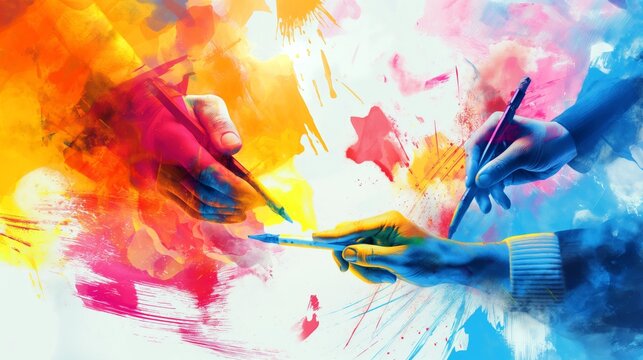 Vibrant abstract artwork with multiple hands engaging in artistic creation using brushes and pens.