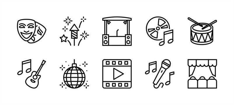 Event entertainment thin line icon set. Containing theatre mask, fireworks, stage, concert music, drum, acoustic guitar, disco ball, karaoke, singing, cinema movie video. Vector illustration