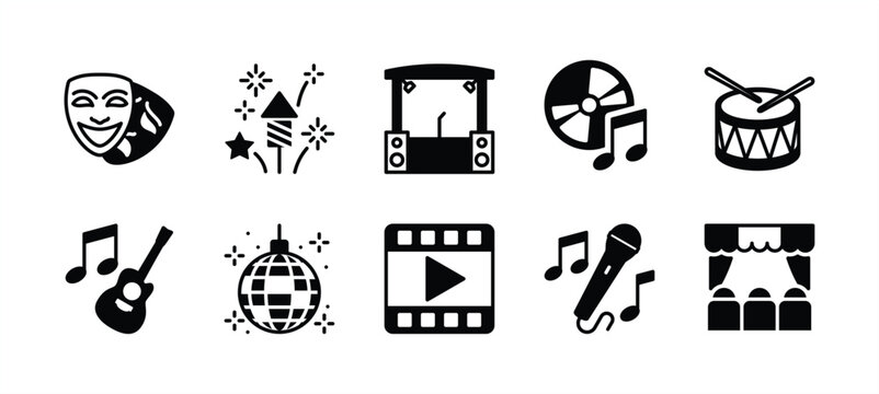 Event entertainment icon set. Containing theatre mask, fireworks, stage, concert music, drum, acoustic guitar, disco ball, karaoke, singing, cinema movie video. Vector illustration