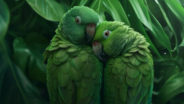Two green parrots cuddling among tropical leaves, close-up view. Love and companionship concept. Generative AI